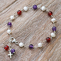Multi-gemstone beaded charm bracelet, 'Grace Blessing' - Multi-Gemstone Beaded Bracelet with Silver Cross