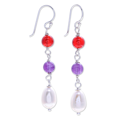Multi-gemstone dangle earrings, 'Grace Blessing' - Multi-Gemstone Dangle Earrings with Sterling Silver Hooks