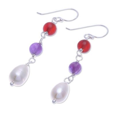 Multi-gemstone dangle earrings, 'Grace Blessing' - Multi-Gemstone Dangle Earrings with Sterling Silver Hooks