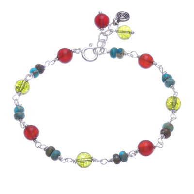 Multi-gemstone beaded charm bracelet, 'Youthful Swirl' - Multi-Gemstone Beaded Bracelet with Swirl Charm