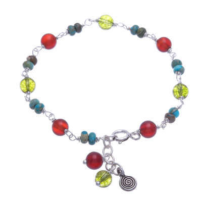 Multi-gemstone beaded charm bracelet, 'Youthful Swirl' - Multi-Gemstone Beaded Bracelet with Swirl Charm