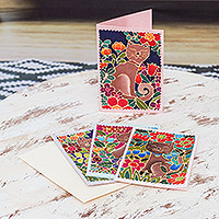 Cotton and paper greeting cards, 'Blooming Felines' (set of 4) - Batik Cotton and Paper Cat Greeting Cards (Set of 4)