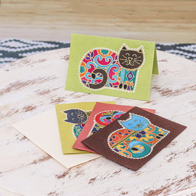 Grußkarten aus Baumwolle und Papier, (4er-Set) - Katzen-Grußkarten aus Batik-Baumwolle und Papier (4er-Set)