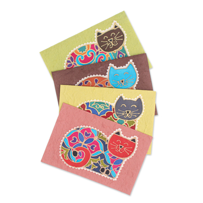 Cotton and paper greeting cards, 'Merry Kittens' (set of 4) - Batik Cotton and Paper Cat Greeting Cards (Set of 4)