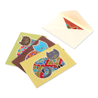 Tarjetas de felicitación de algodón y papel (juego de 4) - Tarjetas de felicitación de gato de papel y algodón batik (juego de 4)