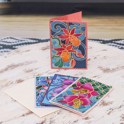 Grußkarten aus Baumwolle und Papier, (4er-Set) - Set mit 4 Orchideen-Grußkarten aus Batik-Baumwolle und Papier