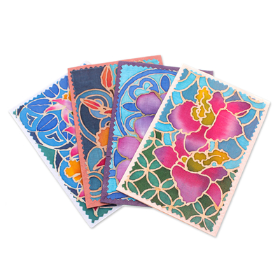Cotton and paper greeting cards, 'Intense Orchids' (set of 4) - Set of 4 Batik Cotton and Paper Orchid Greeting Cards