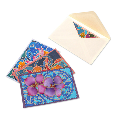 Cotton and paper greeting cards, 'Intense Orchids' (set of 4) - Set of 4 Batik Cotton and Paper Orchid Greeting Cards