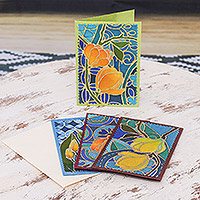 Tarjetas de felicitación de algodón y papel, 'Tailandia floreciente' (juego de 4) - Tarjetas de felicitación florales Batik hechas a mano (juego de 4)