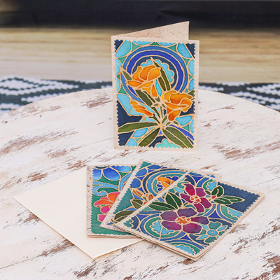Cotton and paper greeting cards, 'Thai Paradise' (set of 4) - Handcrafted Batik Cotton and Paper Greeting Cards (Set of 4)