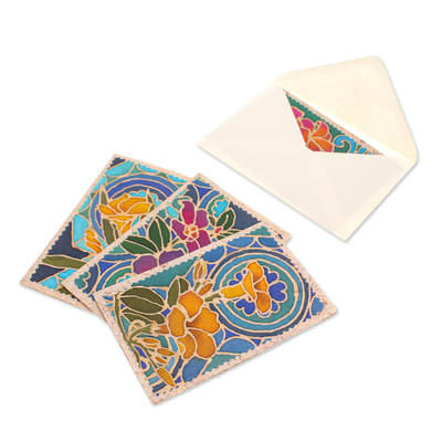 Cotton and paper greeting cards, 'Thai Paradise' (set of 4) - Handcrafted Batik Cotton and Paper Greeting Cards (Set of 4)