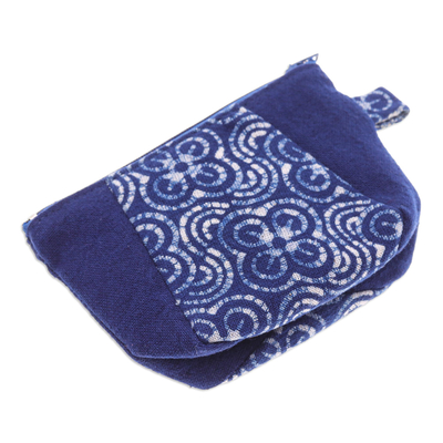 Cotton batik coin purse, 'Indigo Blossoms' - Indigo Cotton Batik Coin Purse with Zipper Closure