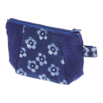 Cotton batik coin purse, 'Indigo Blooms' - Indigo Cotton Coin Purse with Batik Floral Pattern