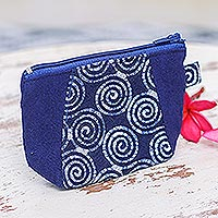 Cotton batik coin purse, 'Indigo Illusion' - Indigo Cotton Coin Purse with Spiral Pattern and Zipper