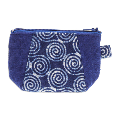 Cotton batik coin purse, 'Indigo Illusion' - Indigo Cotton Coin Purse with Spiral Pattern and Zipper