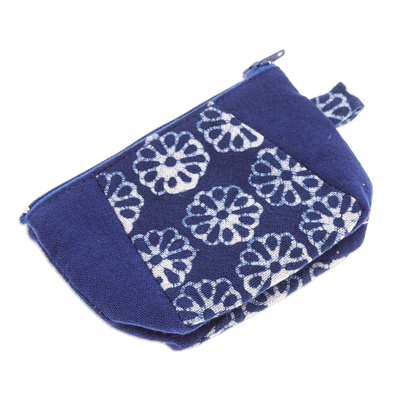 Cotton batik coin purse, 'Indigo Daisies' - Indigo Cotton Coin Purse with Daisies and Zipper Closure
