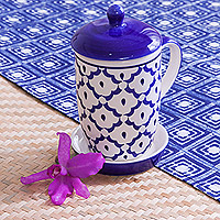 Ceramic mug and saucer, 'Proud Pineapple' - Blue Pineapple Ceramic Mug and Saucer Set with Lid