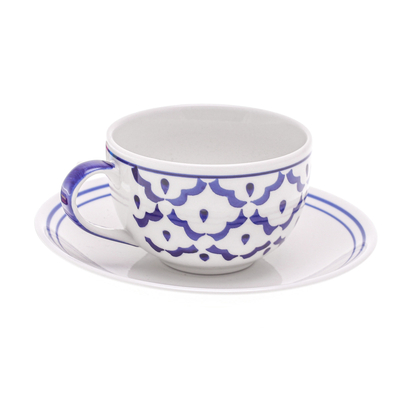 Ceramic cup and saucer, 'Pineapple Look' - Blue Pineapple Ceramic Cup and Saucer Set