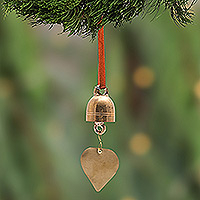 Brass ornament, 'Greeting Voice' - Handcrafted Brass Christmas Bell Ornament with Satin Ribbon