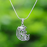 Sterling silver pendant necklace, 'Feline Night' - Sterling Silver Cat and Moon Pendant Necklace from Thailand