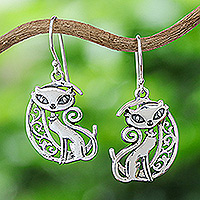 Sterling silver dangle earrings, 'Feline Night' - Sterling Silver Cat and Moon Dangle Earrings from Thailand