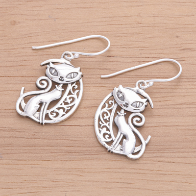 Sterling silver dangle earrings, 'Feline Night' - Sterling Silver Cat and Moon Dangle Earrings from Thailand
