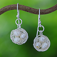 Cultured pearl dangle earrings, 'Chic Nest' - Sterling Silver Nest Dangle Earrings with Cultured Pearls