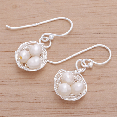 Aretes colgantes de perlas cultivadas - Aretes colgantes de nido de plata esterlina con perlas cultivadas
