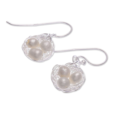 Aretes colgantes de perlas cultivadas - Aretes colgantes de nido de plata esterlina con perlas cultivadas