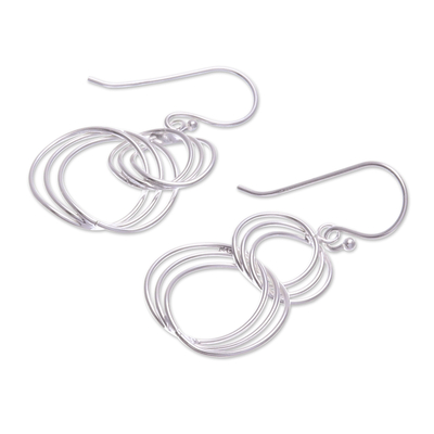 Sterling silver dangle earrings, 'Life Circle' - Modern Triple-Circle Sterling Silver Wire Dangle Earrings
