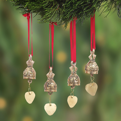 Brass ornaments, 'Elephant Choir' (set of 4) - Set of 4 Brass Bell Ornaments with Elephants and Red Ribbons