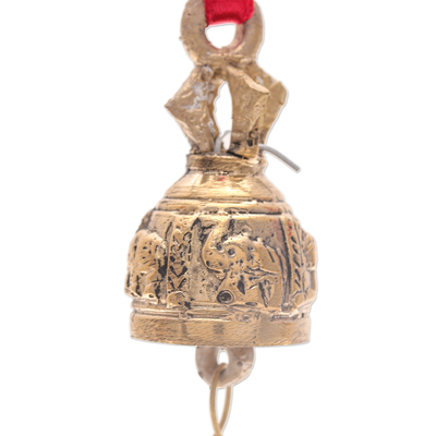 Adornos de latón (juego de 4) - Juego de 4 adornos de campana de latón con elefantes y cintas rojas