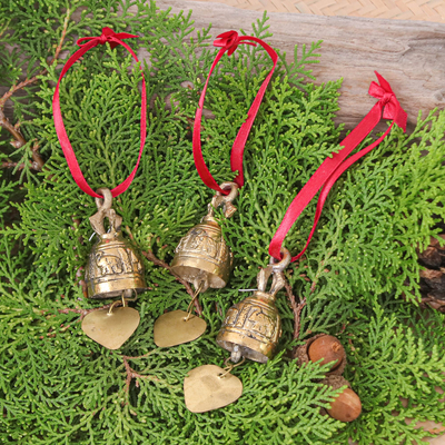 Brass ornaments, 'Elephant Chant' (set of 3) - Set of 3 Brass Bell Ornaments with Elephants and Red Ribbons