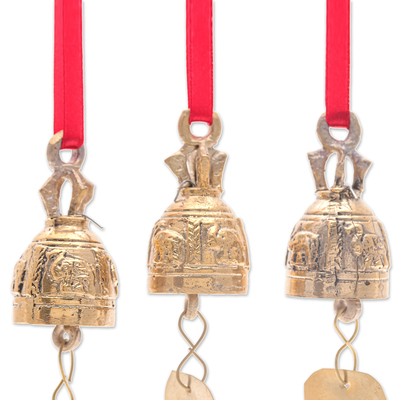 Brass ornaments, 'Elephant Chant' (set of 3) - Set of 3 Brass Bell Ornaments with Elephants and Red Ribbons