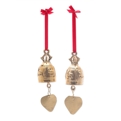 Brass ornaments, 'Elephant Tune' (pair) - Pair of Brass Bell Ornaments with Elephants and Red Ribbons