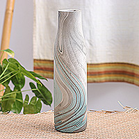 Wood decorative vase, 'Latte in Blue & Grey' - Blue and Grey Wood Decorative Vase Hand-Carved in Thailand