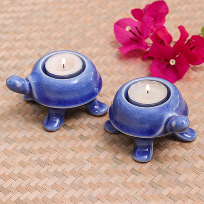Portavelas de cerámica, (par) - Portavelas de cerámica de tortuga hechos a mano en un tono azul (par)