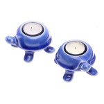 Ceramic tealight candleholders, 'Blue Guide' (pair) - Handmade Turtle Ceramic Candleholders in a Blue Hue (Pair)