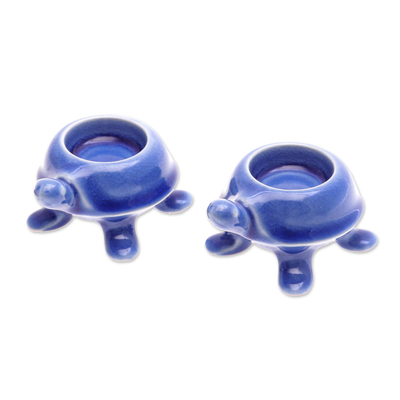 Ceramic tealight candleholders, 'Blue Guide' (pair) - Handmade Turtle Ceramic Candleholders in a Blue Hue (Pair)