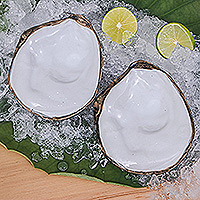 Ceramic snack plates, 'Marine Ambrosia' (pair) - Handcrafted Round Ceramic Oyster Snack Plates (Pair)