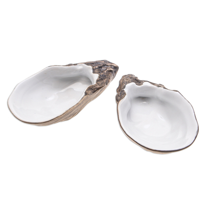 Ceramic snack plates, 'Ocean Manna' (pair) - Handcrafted Ceramic Oyster Snack Plates from Thailand (Pair)
