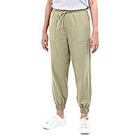 Cotton twill jogger pants, 'Casual in Olive' - Cotton Twill Jogger Pants with Pockets and Drawstring Waist
