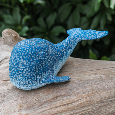 Recycled paper statuette, 'Whale Planet' - Handcrafted Recycled Paper Whale Statuette in Blue