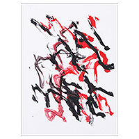 Elephant painting, 'Jungle Midnight' - Authentic Red and Black Painting by Elephant Artist