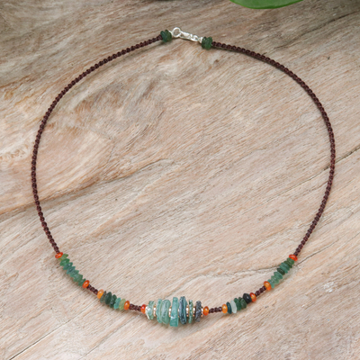Carnelian and hematite beaded pendant necklace, 'Bohemian colours' - Bohemian Carnelian and Hematite Beaded Pendant Necklace