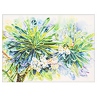 'Frangipani Season I' - Pintura impresionista en acuarela de árboles Frangipani