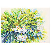 'Frangipani Season II' - Pintura impresionista en acuarela de flores Frangipani