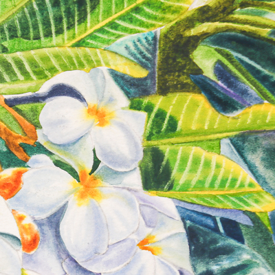 „Frangipani-Saison II“ – Impressionistische Aquarellmalerei von Frangipani-Blumen