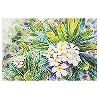 'Frangipani blanco I' - Pintura de acuarela impresionista floral estirada