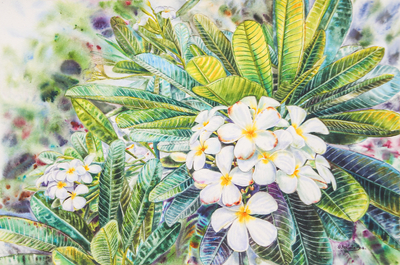 'Frangipani Blanco I' - Acuarela impresionista floral estirada